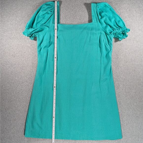 Draper James Linen Blend Puff Sleeve Mini Dress Teal Square Neck Size M - Picture 7 of 16